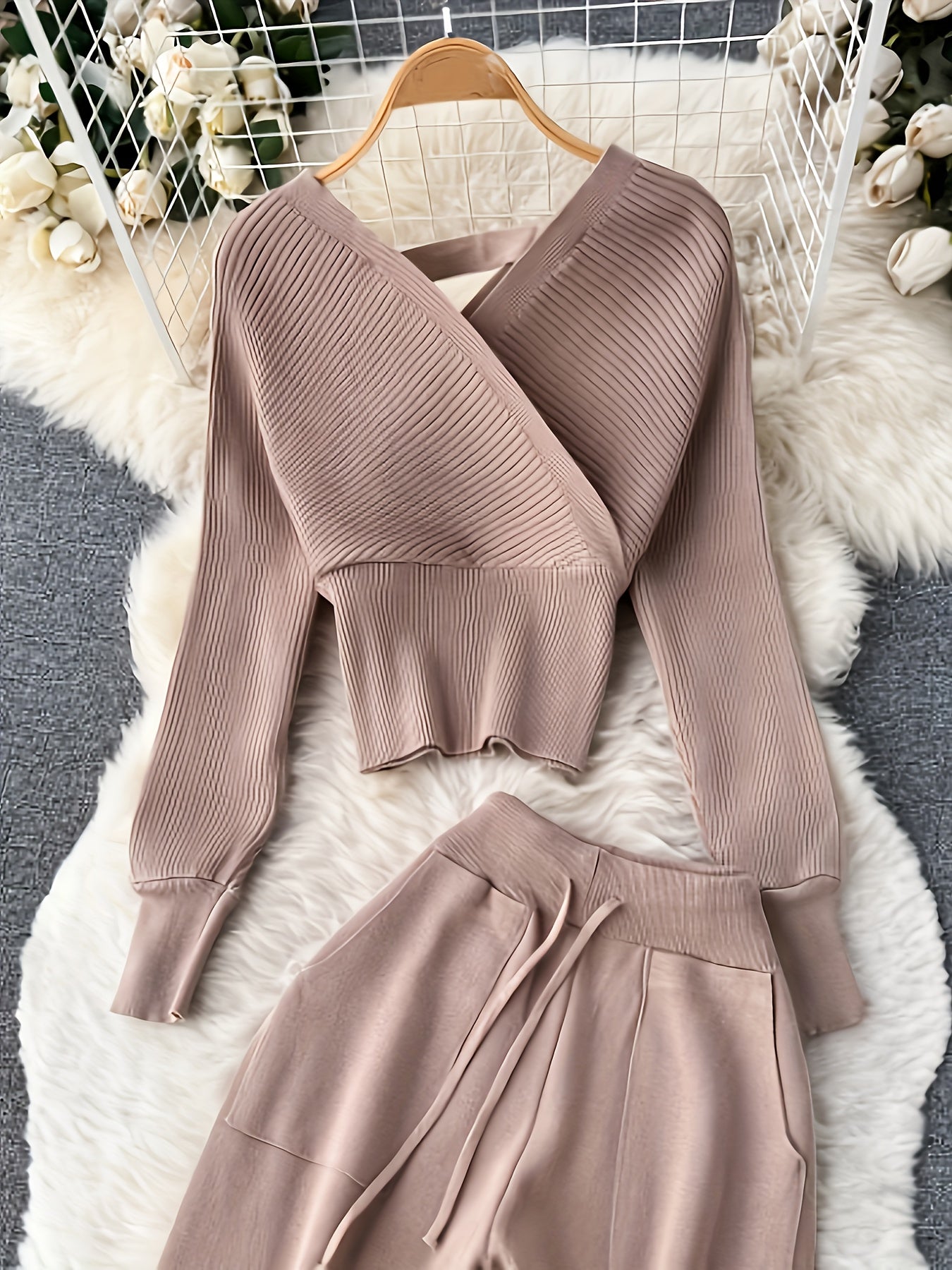Solid Color V-Neck Exposed Shoulder Slimming Waist Knitted Two-Piece Set with Tie Rope Long Pants for Women